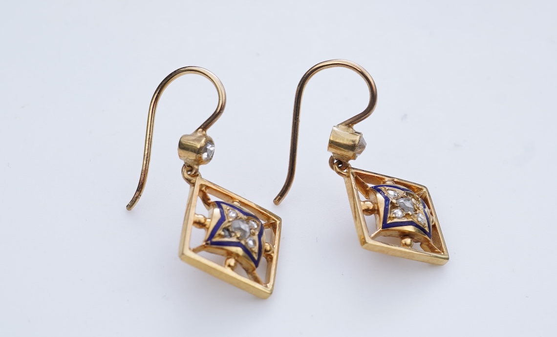 A pair of enamel and diamond earrings, early 20th century composite